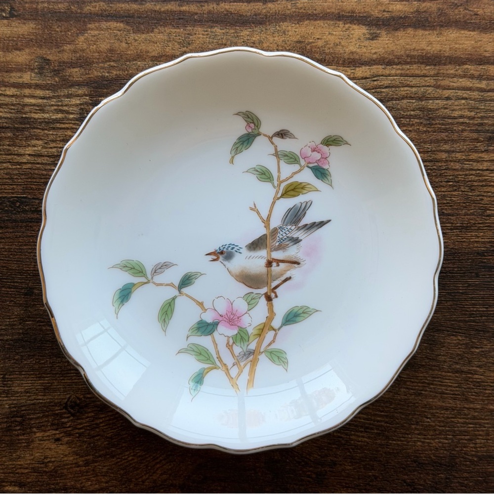 Yamaji Japan Bird Floral Porcelain Dish 5” Scalloped Vintage Bowl